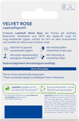 Labello Velvet Rose Lippenpflegestift, Lippenpflege mit dezentem Rosenduft für 24h Feuchtigkeit, pflegender Lippenbalsam mit Sheabutter und Jojoba-Öl (4,8 g)