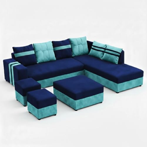 Image of Stova Luxe Velvet-Suede Fabric 8 Seater RHS Sofa Set | with 2 Ottomans& Centre Table| Comfortable & Spacious Seating | Modern Sofa Set for Living Room - Sky Blue & Dark Blue