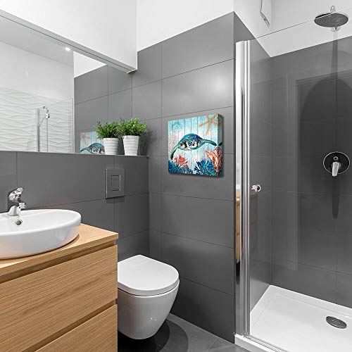 Mofutinpo Bathroom Decor Sea Turtle Canvas Wall Art Ocean Beach Coast Theme Canvas Picture Artwork Ready To Hang For Home Kid Girls Room Bedroom Wall Decoration Size 14X14 Framed #TOP7