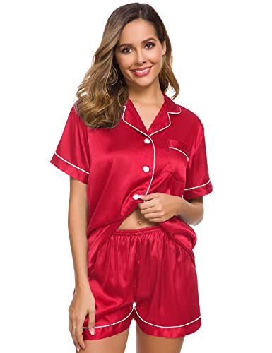 Image of SWOMOG Womens Silk Satin Pajamas Set Short Sleeve Sleepwear Button Down Top and Shorts Loungewear 2 Piece Pjs Set XS-3XL