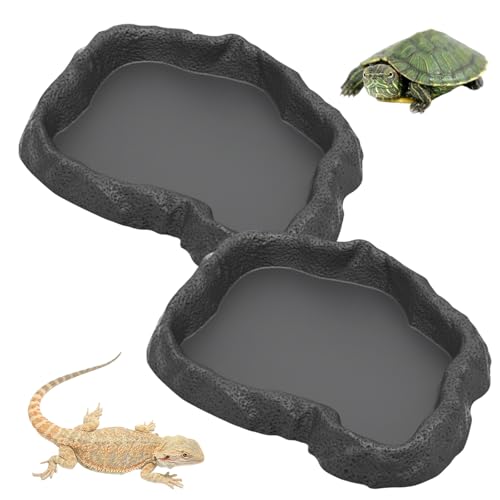 2 Stück Reptilien Futternapf & Wasserschale Terrarium Flach, Steinoptik Kunststoff Schildkröten...