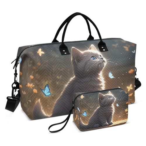 Large Travel Duffel Bag, Kitten Light Blue Butterflies Sport Tote Gym Bag, Shoulder Weekender Overnight Bag for Women Men, Carry On Luggage with Toiletry Bag