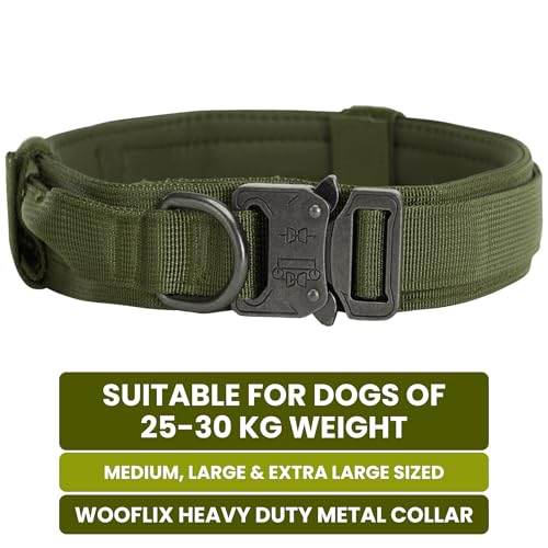 Image of Wooflix Metal Dog Collar for Training and Walks | Nylon Collar with Tactical Metal Buckle and D-Ring for Medium and Large Dogs | Dog Collar for Heavy Breed Dogs (Army Green, Medium)