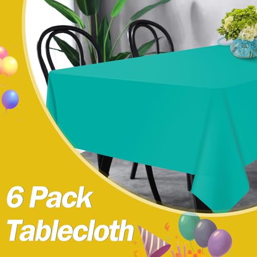 Image of tujol Teal 6 Pack Plastic Table Cloth 54 inch x 108 inch, Disposable Tablecloths Rectangle Table Cover, Plastic Tablecloths for Parties