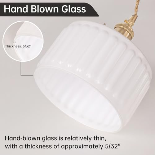 Image of Shenmoyl Plug in Pendant Light Hanging Light Fixture Corded On /Off Switch Brass Pendant Light with White Striped Glass Lampshade for Bedroom Living Room Kitchen Island