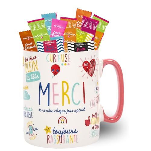 Coffret Cadeau Gourmand | Mug XXL garni de 60 Croustilles & Biscuits MONBANA | Tasse Prête à Offrir pour remercier Maîtresse, Maman, Nounou, Soignant
