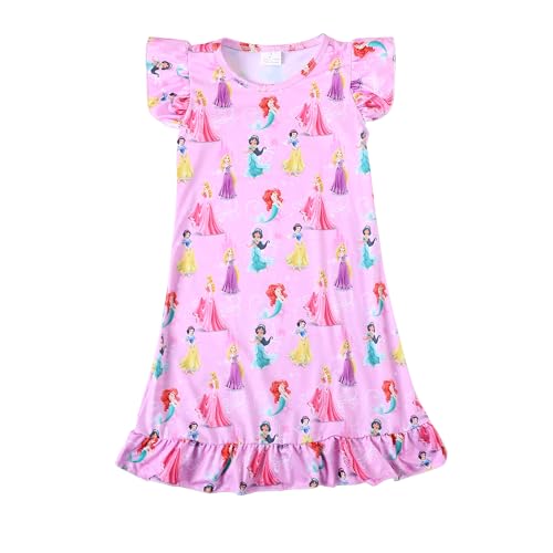 Toddler Kids Girls Princess Night Dress Cartoon Pink Flutter Sleeve Dresses 2-8Y