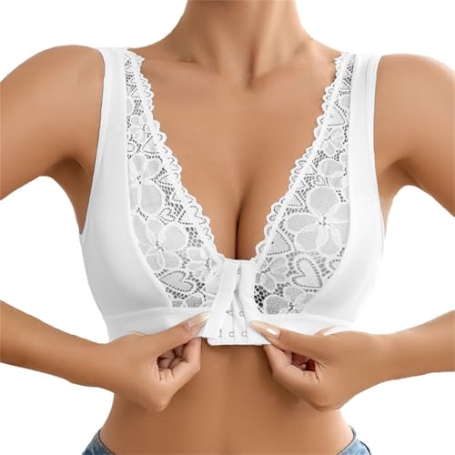 Damen-Sport-BH, atmungsaktiv, Spitze, V-Ausschnitt, sexy, ohne Bügel, offene Schnalle vorne, klassischer BH, bequemer BH, weiß, XL