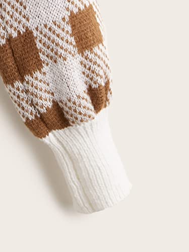 Wdirara Women's Long Sleeve Button Front V Neck Casual Crop Cardigan Sweater Plaid Brown Multi L #TOP3