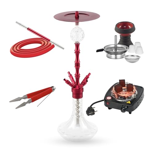 Cachimba Praedo Roja 72 cm | Set Shisha con Hornillo 500W, Cabezal de Piedra, Chimenea, Molasse Catcher, 1 Tubo, 1 Boquilla, Pinza, Base de Vidrio