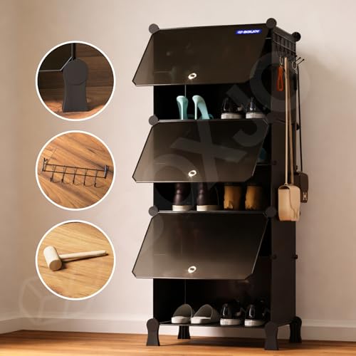 Image of BOXJOY 6 Shelf Black Shoe Rack with 3 Doors, 5 Hook Steel Holder & Wooden Hammer Home Storage PP Plastic Organizer with Metal Door Frame and Foots for Chappal Slipper Sandals Shoes Box Stand