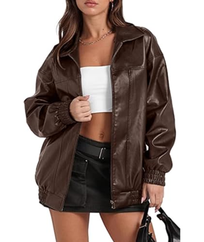 SOMTHRON Women's Oversized Leather Jackets Faux Casual Zip Up Fall Motorcycle Bomber Outfits Winter Fashion Clothes