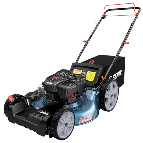 SENIX Self Propelled Gas Lawn Mower 21''- 140 cc 4-Cycle Briggs & Stratton Engine, 3-in-1 Bagging, Mulching, and Side Discharge, 6 Heights Adjustment, Gas Lawn Mower
