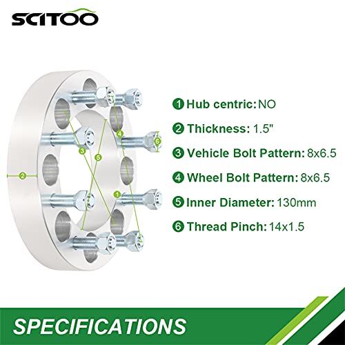Scitoo 8X6.5 Wheel Spacers 1.5 Inch Thick Hub Bore 130Mm With 14X1.5 Studs, Silver 8 Lug Wheel Spacers Fit For 2500 2011-2014 For Ram 3500 2010-2Pcs #TOP1