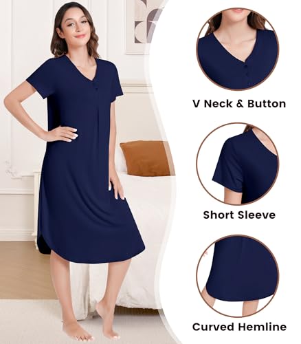 Image of NACHILA Bamboo Viscose Nightgowns for Women Short Sleeve V Neck Sleepwear