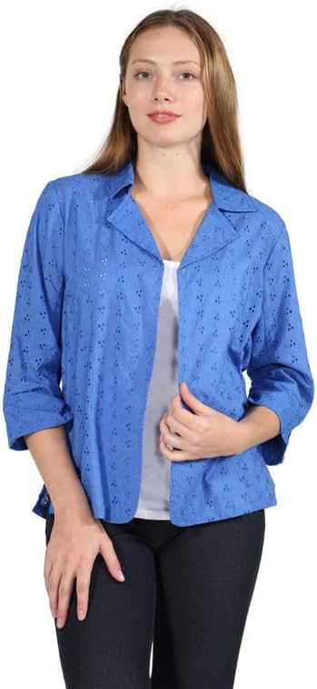 LA CERA Women's Embroidered Eyelet Jacket- 3/4 Sleeves, Collared with 2 Front Snap Buttons, 100% Cotton