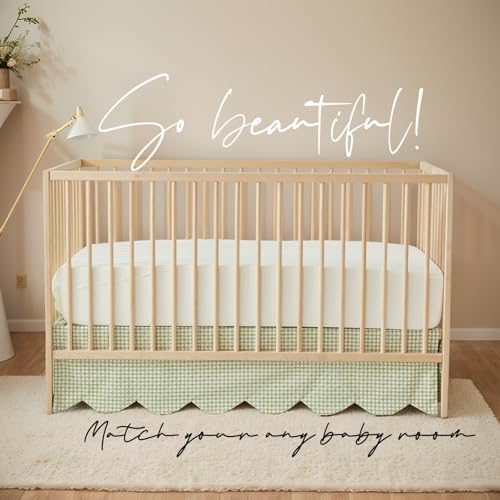 Image of Brandream Scallop Edge Cotton Crib Skirt, Baby Boy Girl Gender Neutral Crib Skirt Toddler Bedskirt Farmhouse Chic Nursery Crib Bed Skirt, Boho Bohemian Green Gingham