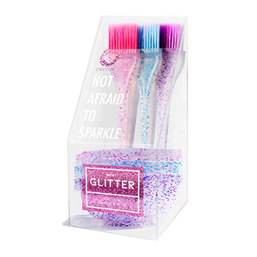 Colortrak 3 Pack Mini Glitter Trio Brush & Bowl Set, Small Brushes with Colorful Feather Bristles, Stackable Color Bowls with Non-Slip Rubber Rings, Easy Handling, Set of 3 Brushes and 3 Bowls