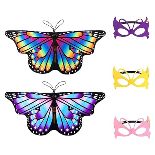 Image of ANCLLO Children's Costume 2 Children's Butterfly Wings 3 Masks Butterfly Face Covers Butterfly Pixie Cape Girls Halloween Costume Party