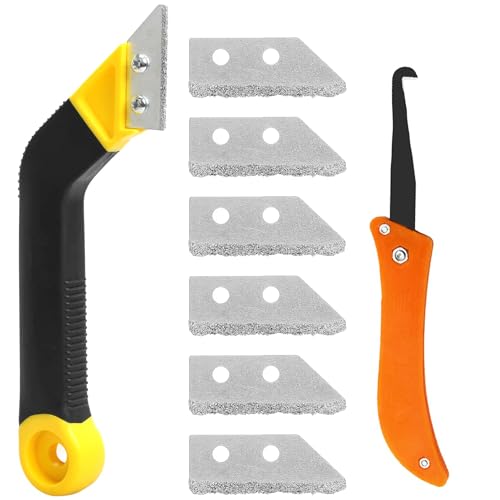 Grout Scraping Rake Tool Clean Remover Tile Saw Knife with 6 Pieces Extra Replacement Accessories Remover Tile Grout Hand Saw Angled Grout for Tile Cleaning(9 Pcs) (Yellow)