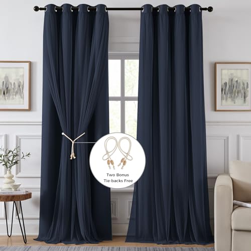 Image of 100% Blackout Curtains for Bedroom, Double Layer Navy Blue Curtains, Black Out Curtain 72 inch long With Sheer Overlay for Living Room, Room Darkening Window Drapes with Grommet, 52 inchW x 72 inchL