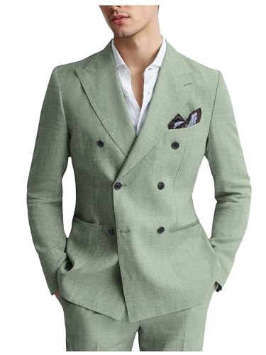 ZKHOECR Men Linen Suits Slim Fit 2 Piece Suit Casual Suit Jacket Pants Light Green Summer Suits Lightweight Beach Wedding Tuxedos XXL