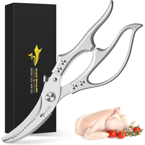 MAD SHARK Heavy Duty Poultry Shears, Kitchen Shears with Non-Slip Handle & Safety Lock, All Purpose Kitchen Scissors for Chicken, Meat Cutting, Turkey, Fish, Vegetables, Spring Loaded, Dishwasher Safe