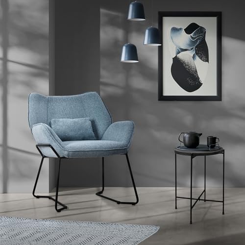 ML-Design Loungesessel Blau, Relaxsessel mit Leinenbezug und schwarzen Metallbeine, Wohnzimmerstuhl mit Armlehne und Rückenlehne, Polsterstuhl mit Kissen, Ohrensessel ergonomisch, Einzelsofa modern – Bild 3