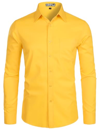 ZEROYAA Mens Long Sleeve Dress Shirt Solid Slim Fit Casual Business Formal Button Up Shirts with Pocket Yellow L