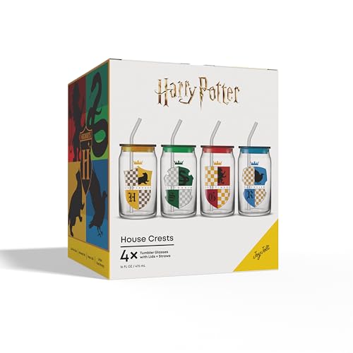 JoyJolt Harry Potter House Crests Glass Tumblers with Lids and Straws, 16oz Glass Cups with Lids and Straws, Can Shaped Drinking Glasses Set of 4, Hogwarts Cup, Harry Potter Merchandise by JoyJolt - Image 8