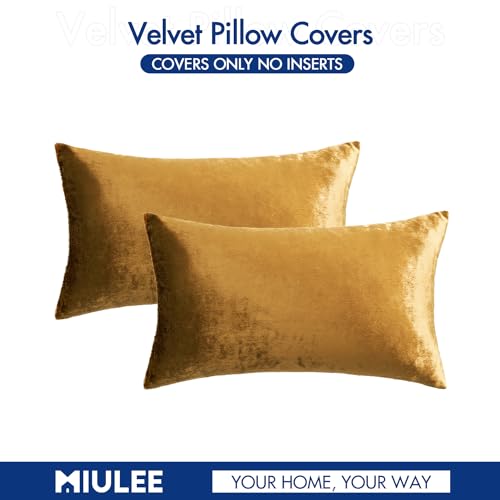 Image of MIULEE Velvet Throw Pillow Covers 12x20 Inch, Pack of 2 - Dark Gold, Soft Solid Lumbar Decorative Pillow Covers Modern Luxury Home Decor for Chair Couch Sofa Bedroom Livingroom