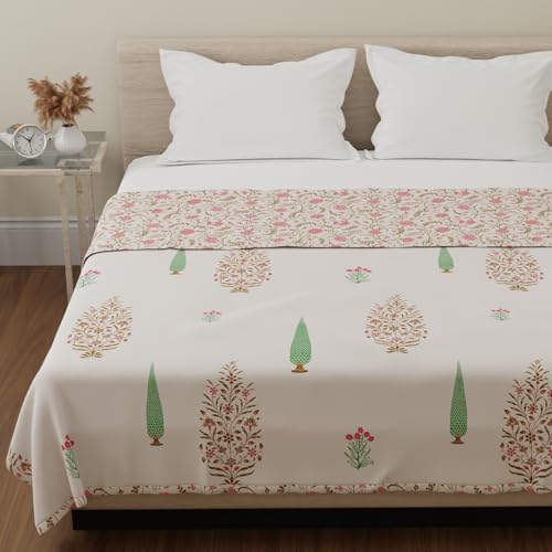Image of HUESLAND 100% Cotton Reversible Dohar Single Bed Cotton | Soft Cambric Weave, Lightweight AC Blanket for Summer & All Weather Use | 56 x 89 inches, Botanical Fusion - Ivory, Brown & Pink