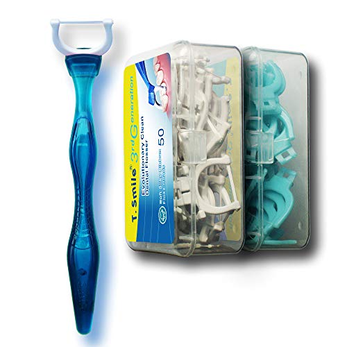 T.Smile 3rd Generation Dental Flosser 1 Handle + 50 Soft Silky Ribbon Floss Heads + 50 Extra Strength Floss Heads, Evolutionary Clean, Pack of 1