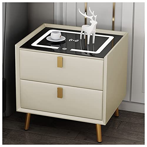 Aitao Smart Nightstands Bedside Table Cabinet Simple USB Wireless Charging with Lamp Solid Wood Leather Bedroom Furniture (Color : Beige)