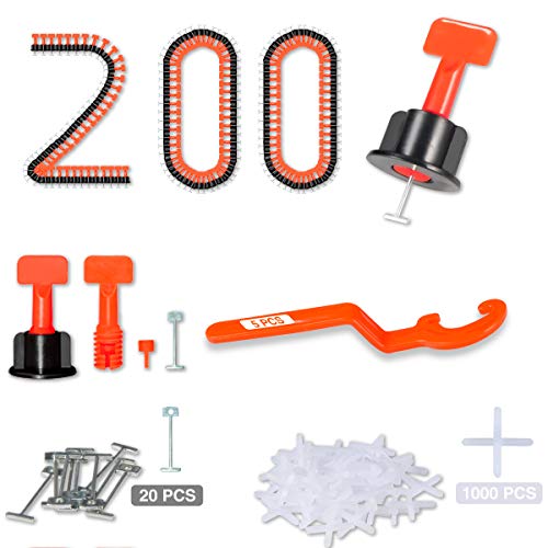 Tile Leveling System 1/16" Kit Reusable, 200pcs Tile Leveler Spacer with 1000pcs 1/12" Tile Spacers, 5pcs Wrench and 20pcs 1/16" Replaceable Spare Steel Pin (200)