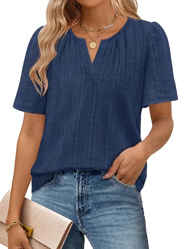 MEROKEETY Women's Summer Business Casual Blouse Tops Dressy Short Sleeve V Neck Loose Fit Work T Shirts