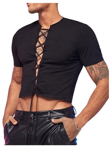 GORGLITTER Men's Tie Front Cropped T Shirt Short Sleeve Outgoing Crop Top Hot Shirt