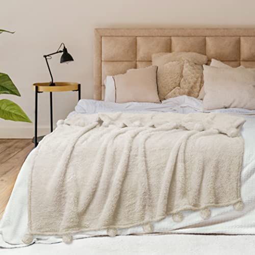 Pavilia Ivory Cream Sherpa Throw Blanket With Soft Pom Pom Fringe, Plush Cozy Warm Blankets For Couch Bed Sofa, Fuzzy Fleece Throw With Pompom, Lightweight Fluffy, Ivory 50X60 In #TOP5
