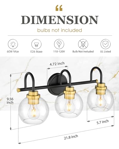 Image of Bathroom Light Fixtures, 3-Light Black and Gold Vanity Lights with Globe Clear Glass, Modern Vanity Lighting Fixtures Over Mirror, AD-22280-3W-KG