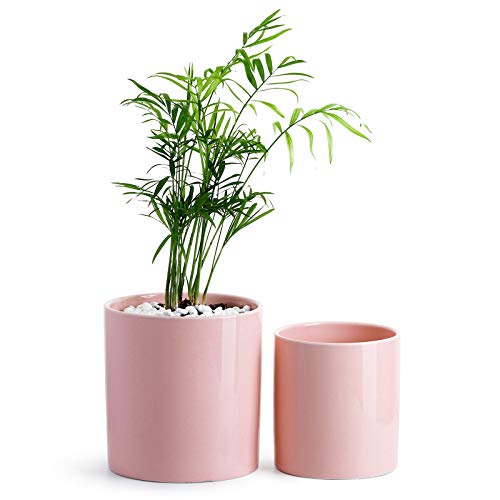 POTEY Ceramic Planter Flower Plant Pot - 4.9”+6.1” with Drain Hole Full Depth Cylinder - Minimalism for Indoor planters - Set of 2, Light Pink