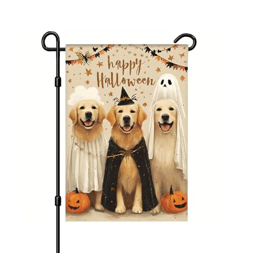 WDESYADMS Garden Flag 11.81x17.72 Inch Happy Halloween Golden Retriever Dogs