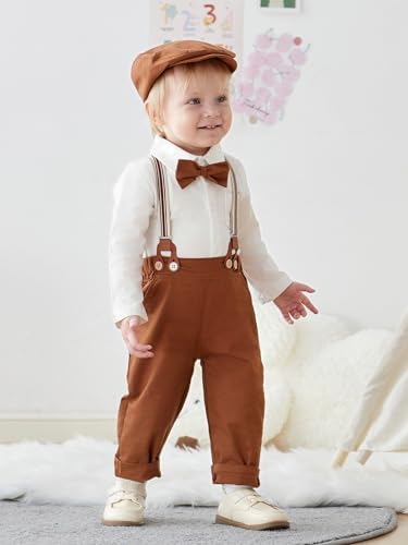 Image of SALNIER Baby Boy Suit Set Infant Formal Outfit Tuxedo | Soft Cotton Shirt Suspenders Pants Bow Tie Beret Hat 5pcs Set, For Wedding Baptism Birthday Party