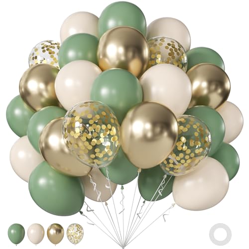 Sage Green Balloons 60Pcs 12Inch Sage Green Sand White Metallic Gold Confetti Balloons for Boho Baby Shower Wedding Bridal Shower Engagement Birthday Party Decorations