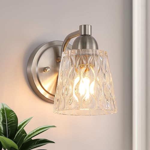 Image of Mecgirn Stainless Steel Bathroom Vanity Light Over Mirror, 1 Light Brushed Nickel Bathroom Light Fixtures with Textured Glass Shades, Modern Vanity Lighting Wall Mount