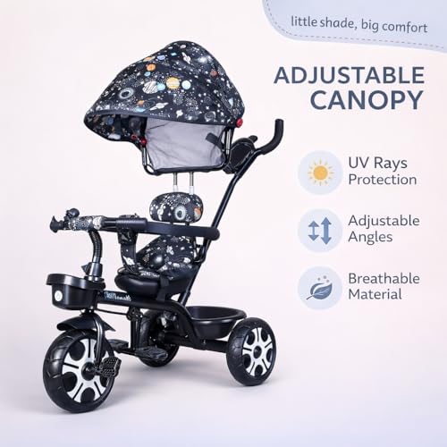 Image of Maanit Kids Tricycle with Canopy & Dual Storage Basket - Toddler Bike with Parental Handle Control, Safety Guardrail & Comfort Seat - Trike for Ages 1.5-5 Years (M692) (Dark Blue)