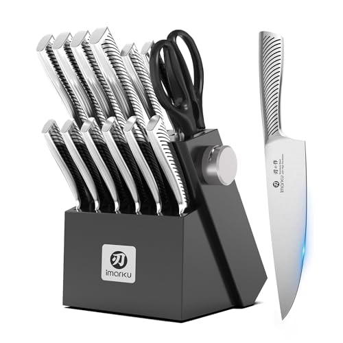 imarku Knife Block Set, 14Pcs High Carbon Stainless Steel Knife Set with Block, Kitchen Knife Set Black, Dishwasher Safe, Build-in Sharpener Pure Black