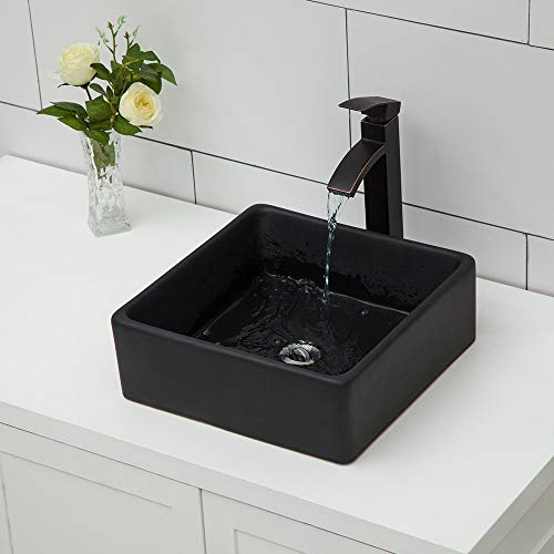 Square Bathroom Vessel Sink - Logmey 15''x15'' Square Above Counter Black Porcelain Ceramic
