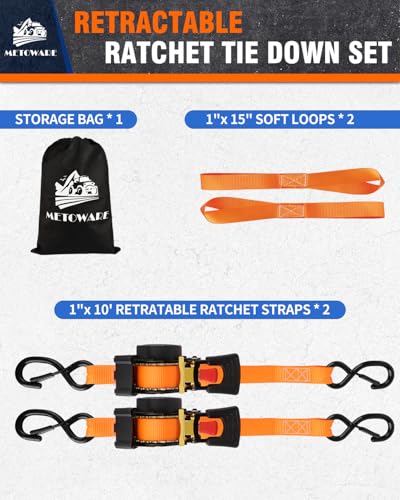Image of METOWARE Retractable Ratchet Straps (2-Pack) - 1 in x 10 Ft (1500lb Break Strength) - Heavy Duty Auto Self Retracting Tie Down Straps for Truck, Trailer, Cargo Van, Motorcycle - Orange