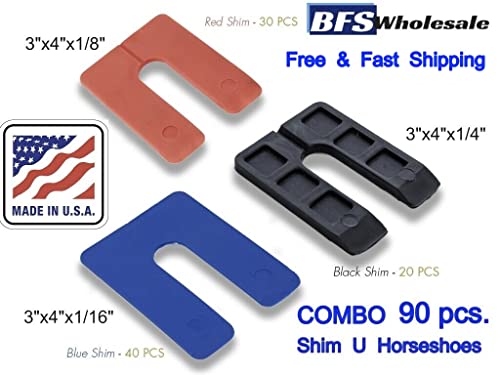 Shim U Horseshoes Combo # 3, 90 Pcs, Different Sizes, Blue-Red-Black Color, Made in USA, Levelers for Windows and Doors, Flat, Spacer, Stackshim, BFSEALS