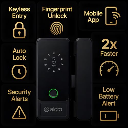 Image of Elara GX-1 Glass Door Lock with 6 Access Modes: Fingerprint, Mobile App, PIN & RFID Card, for 10-12 mm Glass Doors Lock